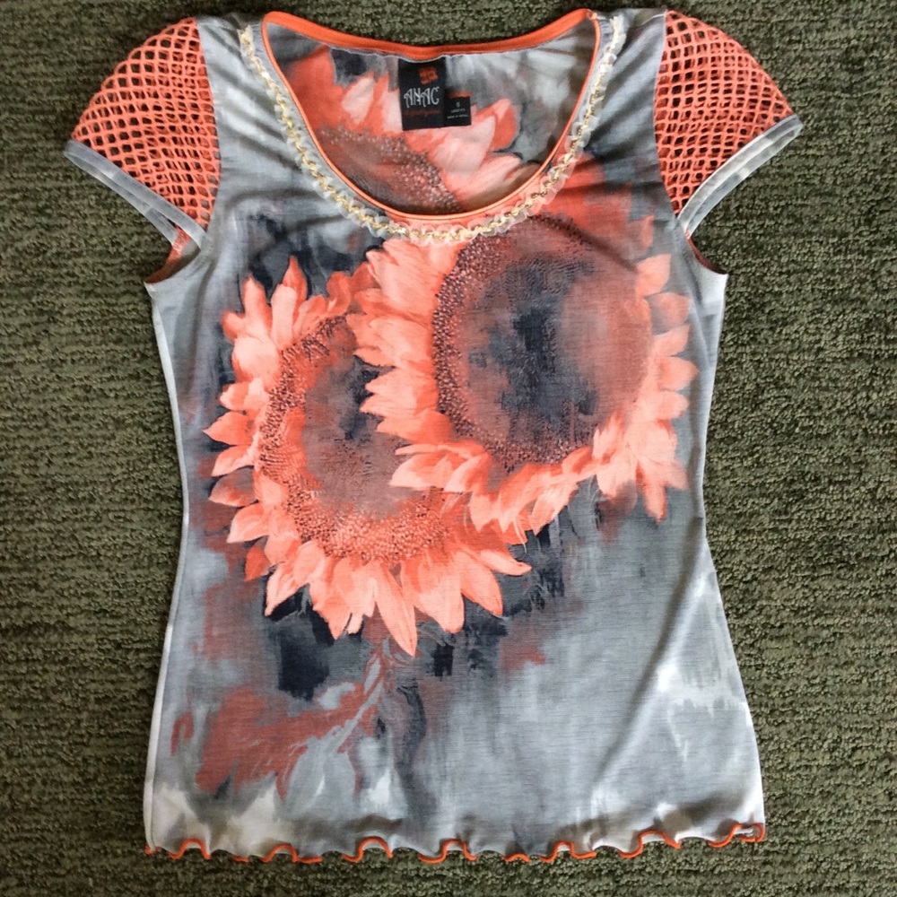 Gray and Peach Floral Lace Netting Top